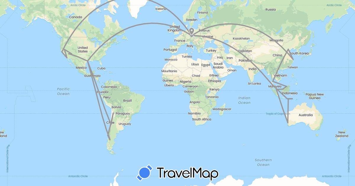 TravelMap itinerary: plane in Australia, Brunei, Chile, China, Czech Republic, Indonesia, Malaysia, Singapore, Thailand, United States (Asia, Europe, North America, Oceania, South America)